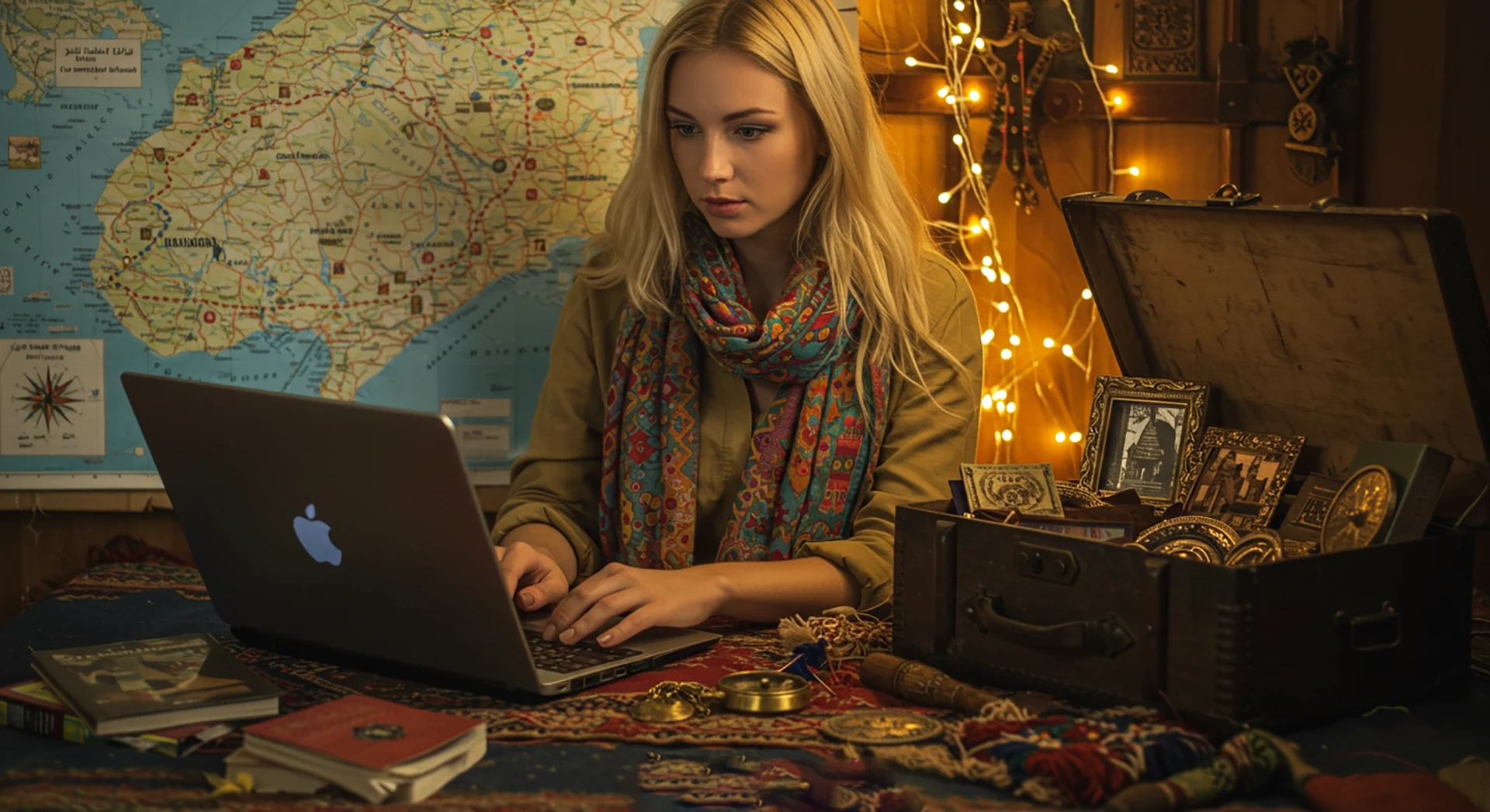 Girl looking in Mac looking for a Morocco trip starting from Casablanca Desert tours in Sahara Tours