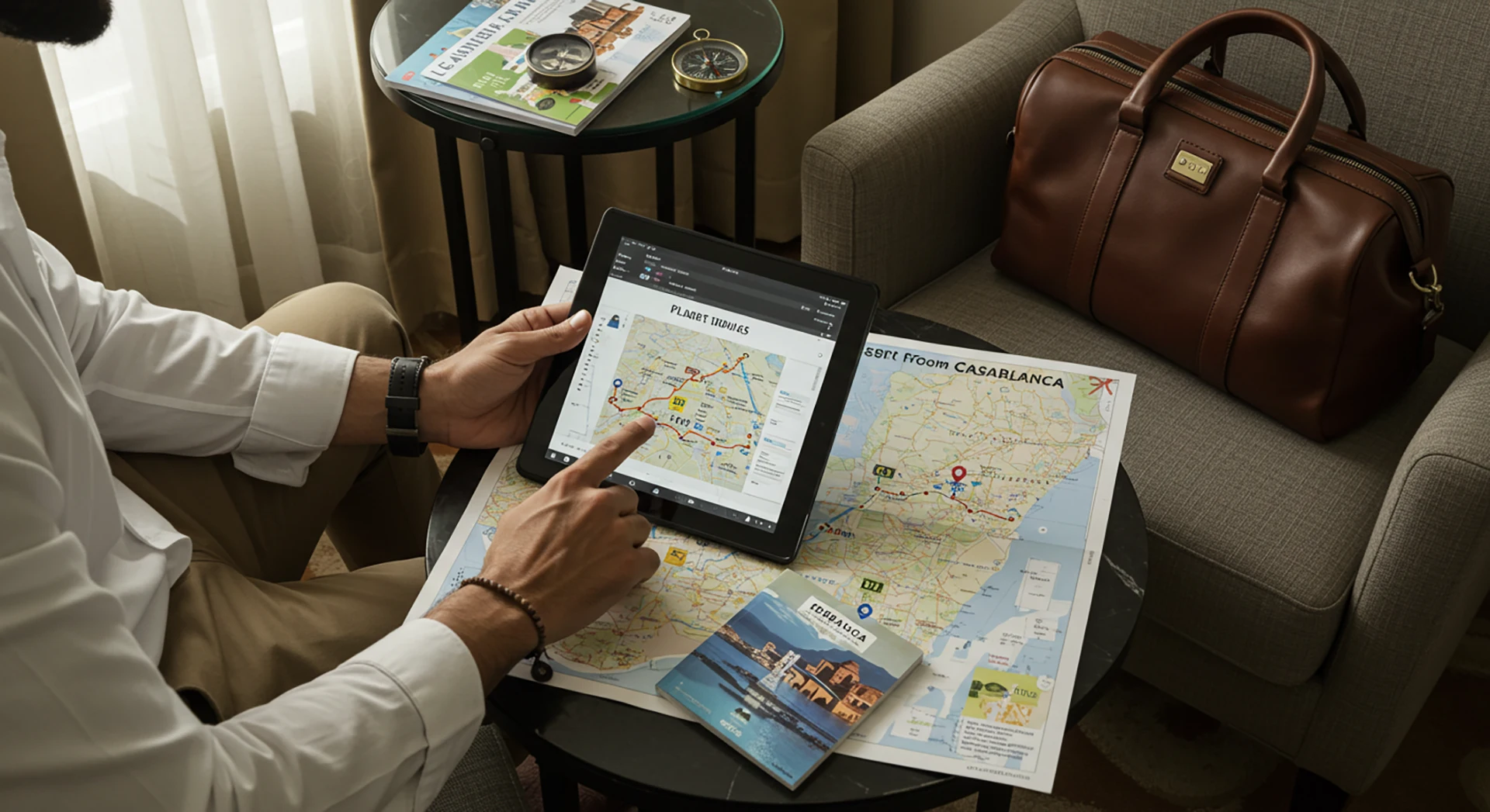a morocco tour guide showing the map for Morocco Tour itineraries starting from Casablanca desret tours