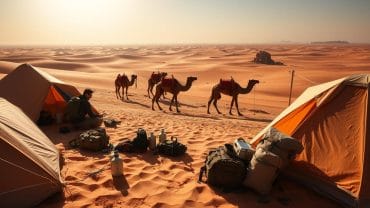 A desert encampment at the edge of the Sahara, tents and camels ready for adventure. Warm sunlight filters through swirling sand, casting long shadows across the dunes. In the foreground, travelers meticulously pack their gear - sturdy backpacks, canteens, and weathered exploration equipment. The middle ground features a caravan of camels, their patient expressions conveying the wisdom of the desert.