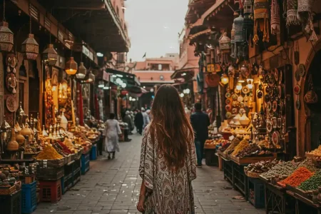 A colorful, bustling souk in Marrakech Desert trips
